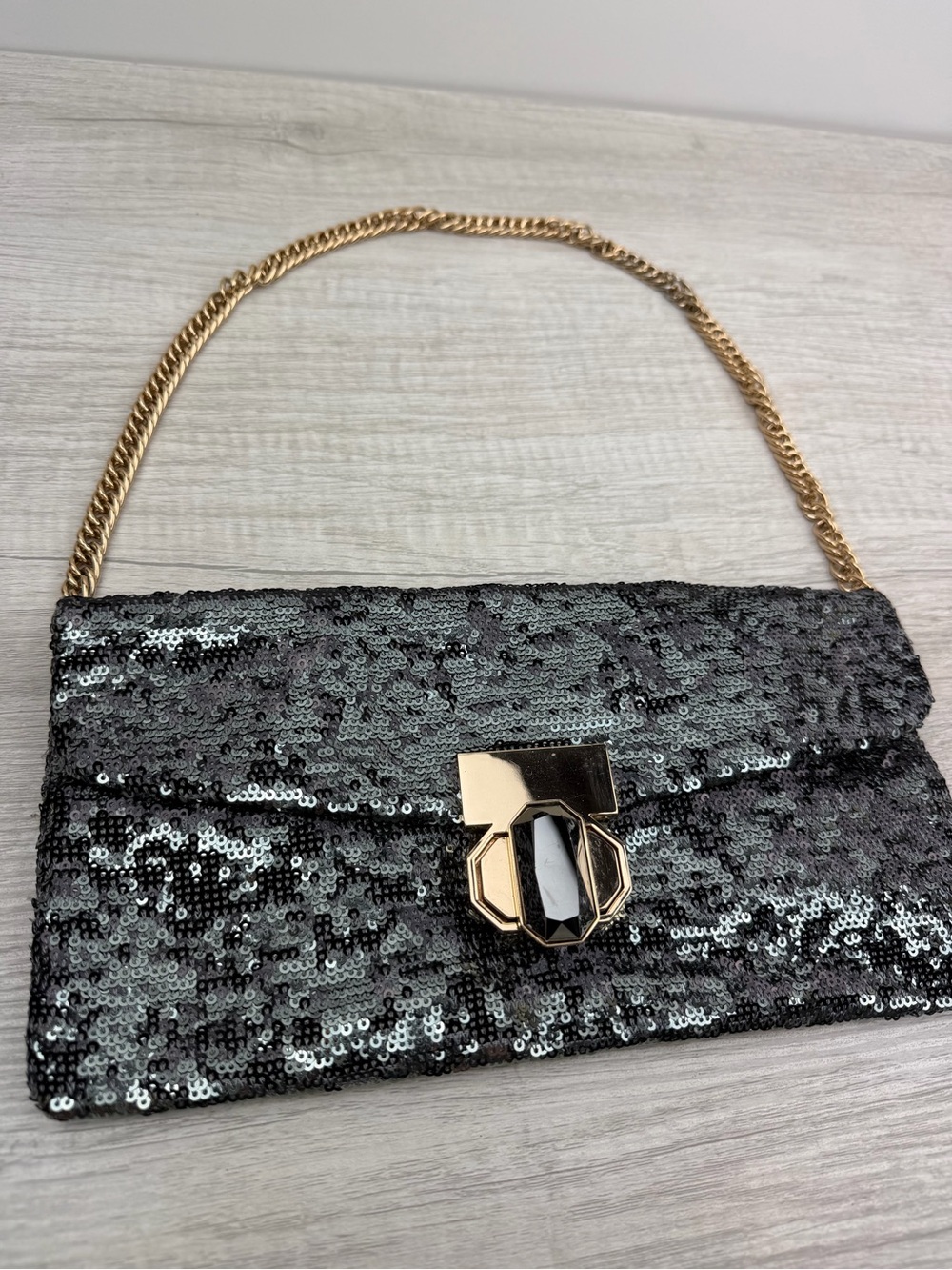 Deux Lux Sequin Shoulder Bag Black Silver Clutch Purse - Picture 2 of 15